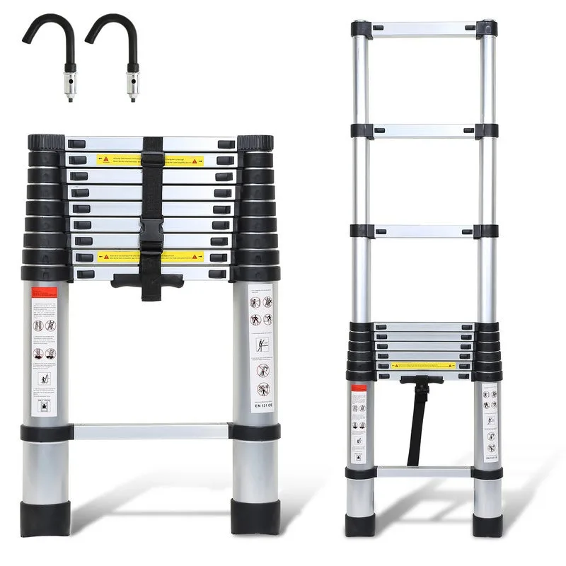 Escala telescópica 2.6m plata + ganchillo en aluminio,escala carga máxima 150kg escala