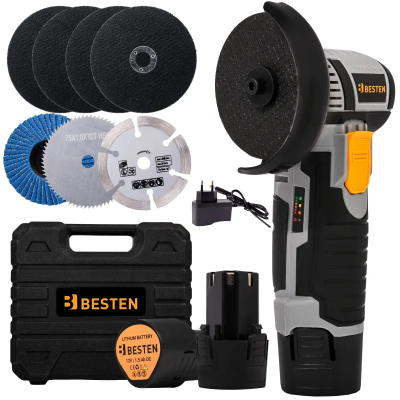 Amoladora angular 12v a batería besten be-2857 18 000 rpm con 7 discos y maletín