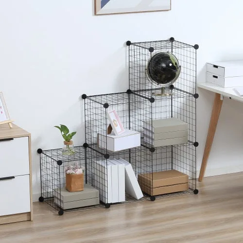 Estantería modular 6 cubos de malla metálica negra, sistema diy para salón y dormitorio 109x37x109 cm