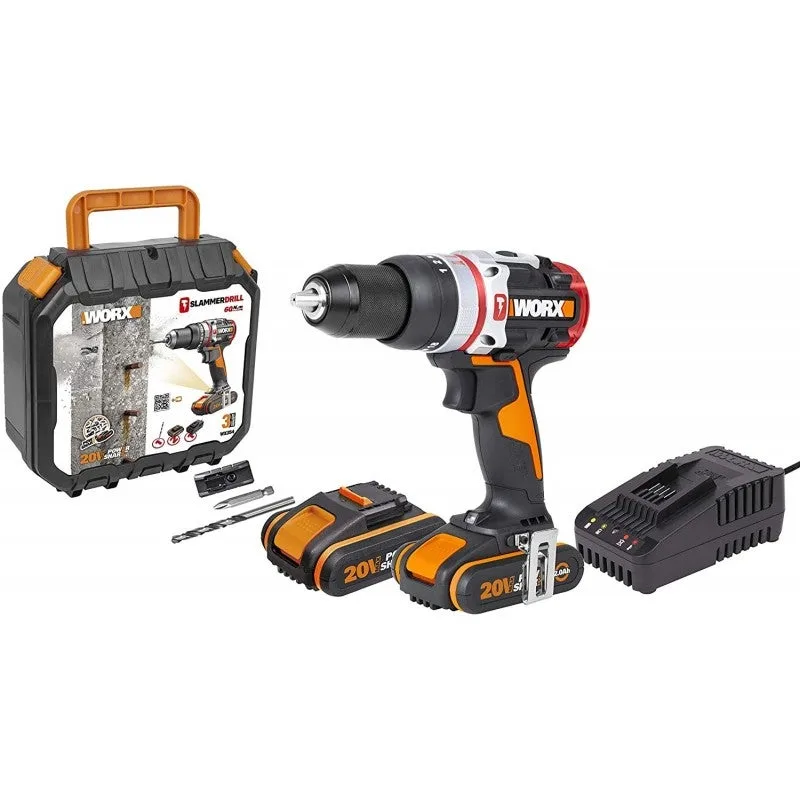 Wx354 - taladro percutor brushless (sin escobillas) slammer drill 20v 2.0ah 2 baterías. worx diy wx354