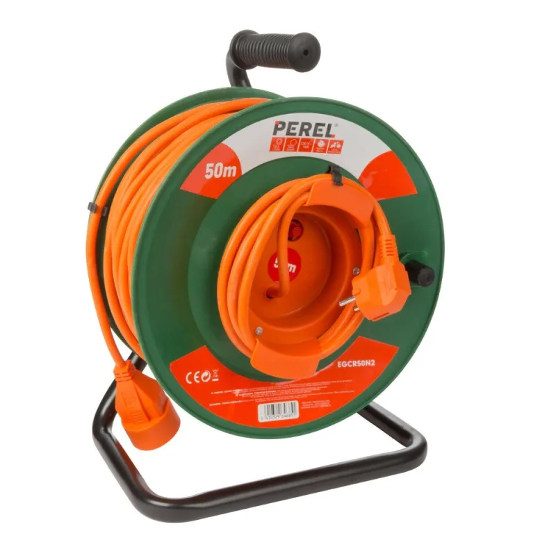 Perel rallonge électrique sur enrouleur, usage intérieur, terre française, protection thermique, 50 m, 3g1.5, orange/vert