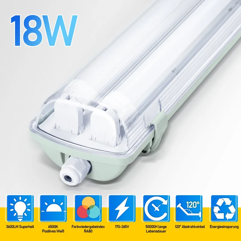 20 lámparas led para zonas húmedas, foco empotrable de 120 cm, 2 tubos t8 de 18 w, luz blanca fría 6500 k, ip65