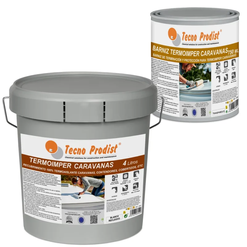 Pack termoimper caravanas + barniz termoimper – blanco (4 l + 750 ml) pintura termoaislante y barniz protector, aislamiento especial para caravanas, c