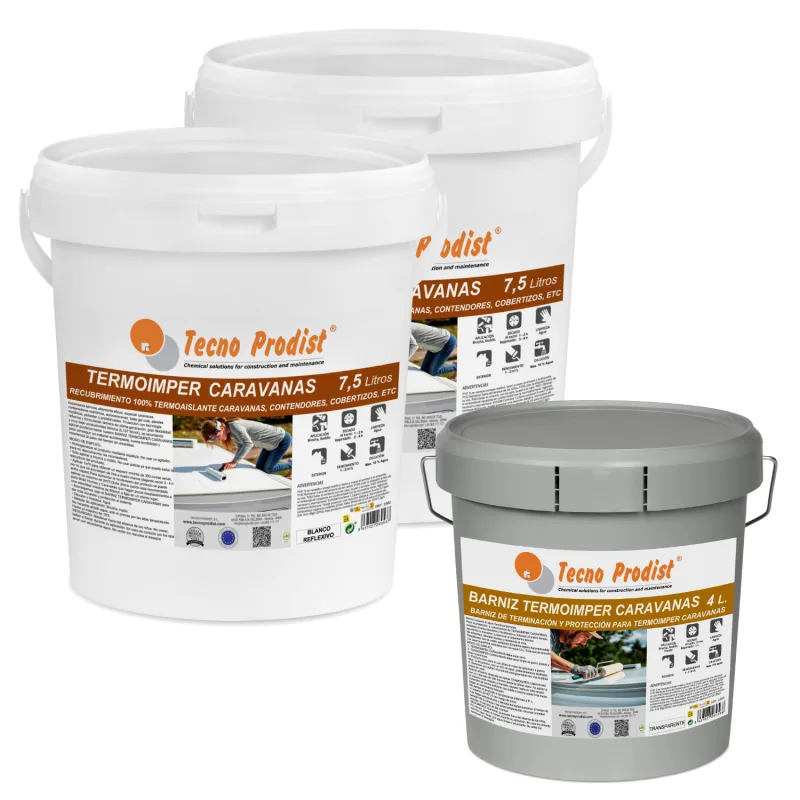 Pack termoimper caravanas + barniz termoimper – blanco (7,5 +7,5 l + 4 l) pintura termoaislante y barniz protector, aislamiento especial para caravana