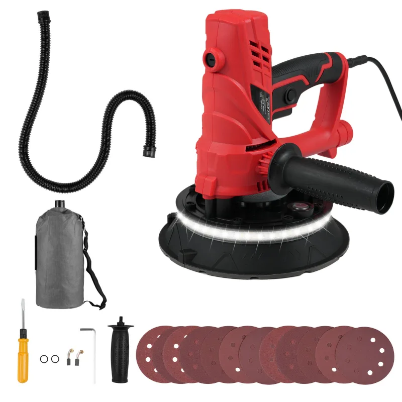 Ponceuse électrique cloison sèche 850w avec 12 disques, vitesse réglable 1500-2600 tr/min, aspiration poussière, tuyau et sac inclus
