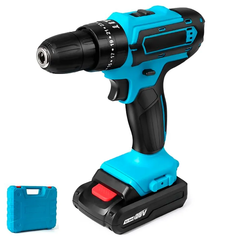 Juego de herramientas con maletín, taladro eléctrico inalámbrico y 28 accesorios.