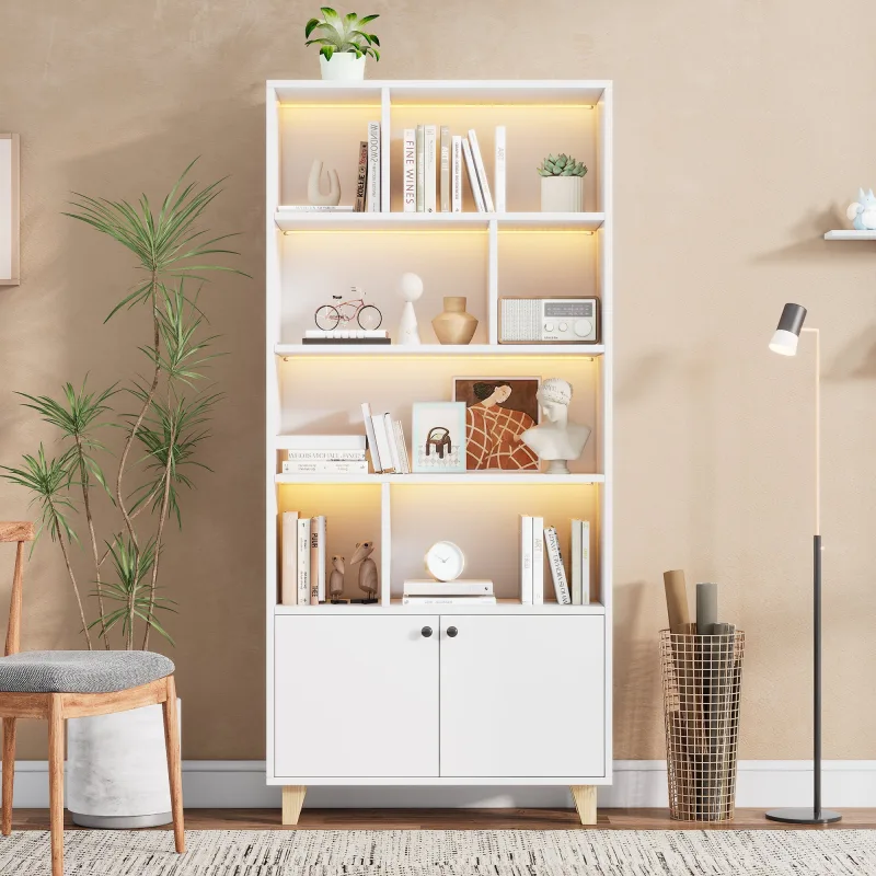 Librería led blanca 173 cm con estantes, puertas, patas de madera maciza, luz mando/app