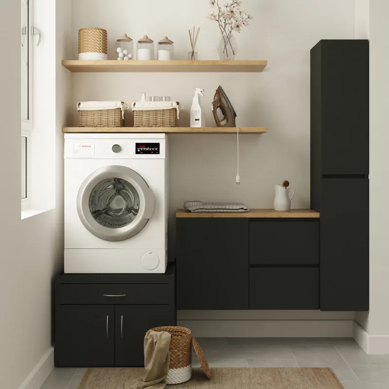 Landau mueble bajo lavadora, 1 bandeja, 1 cajón extraíble y 2 puertas grafito