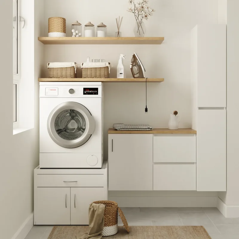 Landau mueble bajo lavadora, 1 bandeja, 1 cajón extraíble y 2 puertas blanco