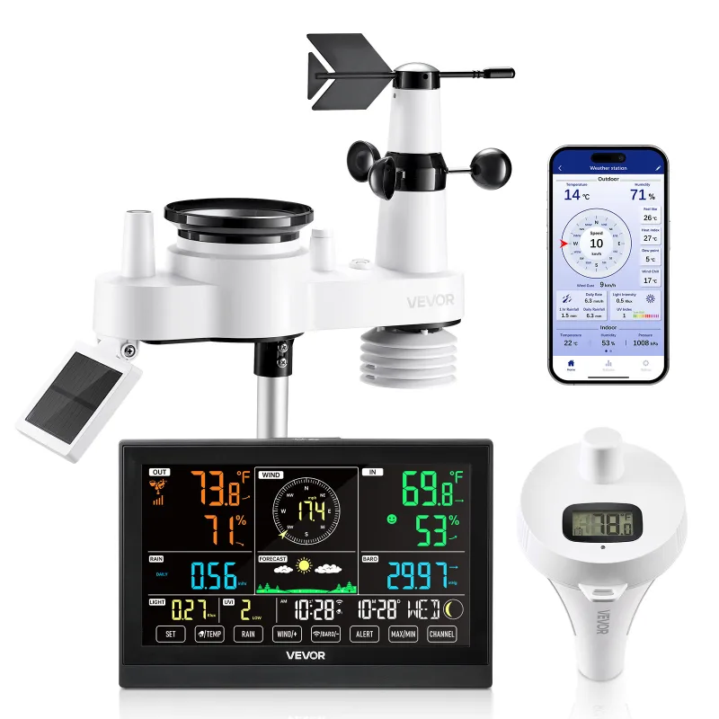 Estación meteorológica 7 en 1 inalámbrica wifi, vevor solar con termómetro piscina, pantalla va 190,5 mm, sensor temperatura/humedad/lluvia/viento
