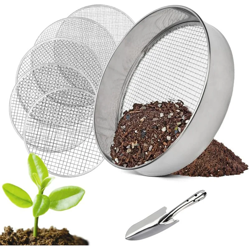 Tamiz de jardín redondo 5 en 1 de 20 cm con 5 tamices intercambiables, tamiz para compost, tierra, compost y semillas.