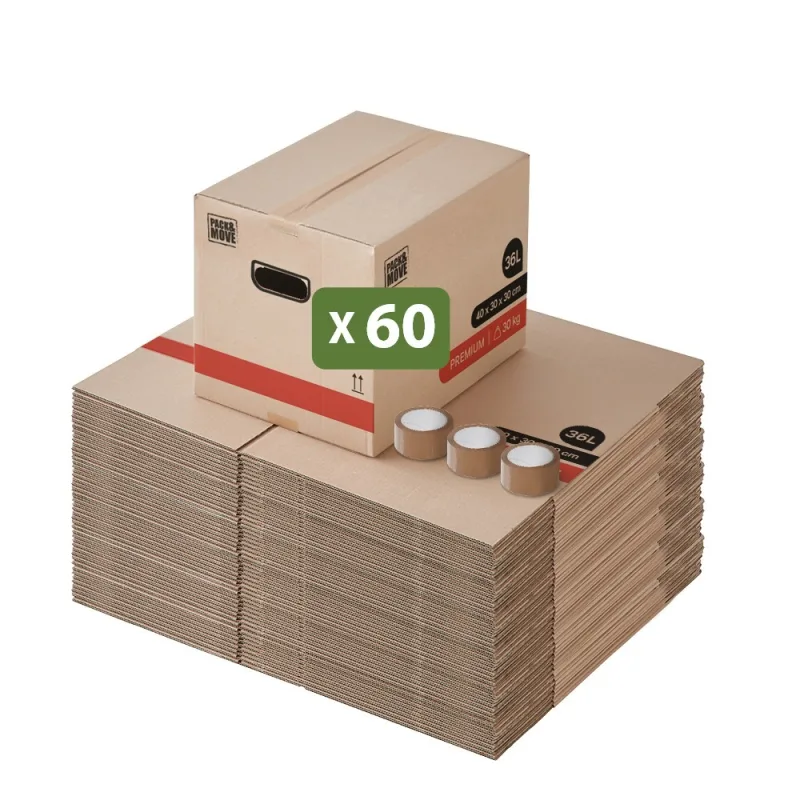 Pack and move - set 60 caja de mudanza premium - 40 x 30 x 30 cm - extremadamente resistente 20kg - doble grosor - asas reforzadas - 3 adhesivo gratis