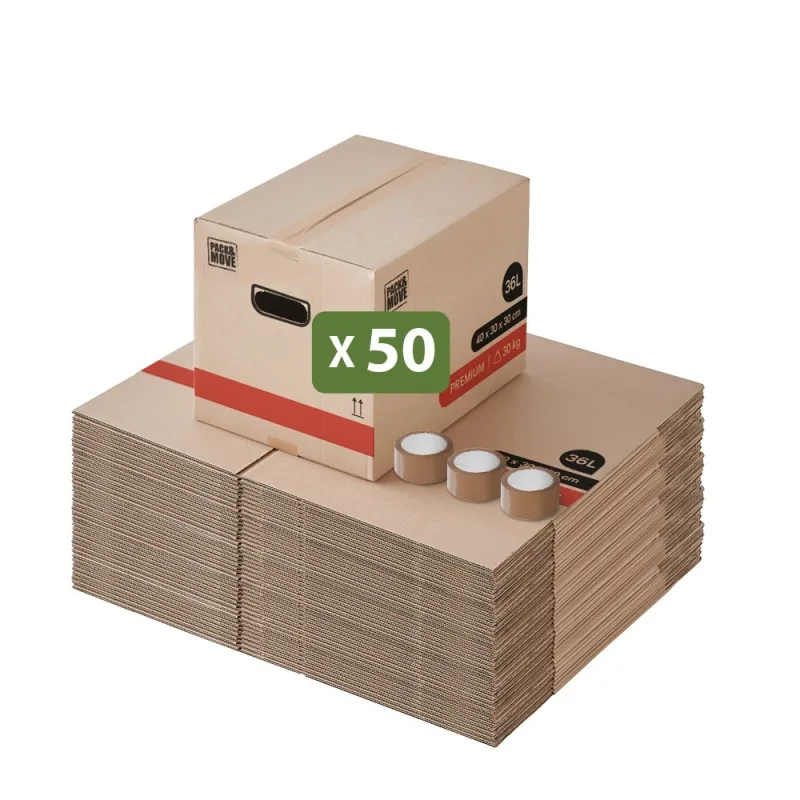 Pack and move - set 50 caja de mudanza premium - 40 x 30 x 30 cm - extremadamente resistente 20kg - doble grosor - asas reforzadas - 3 adhesivo gratis