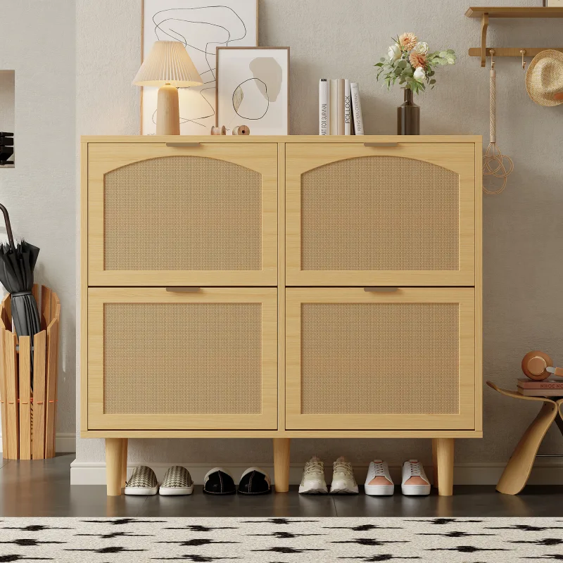 Zapatero de ratán de 100 x 25 x 90 cm: 4 cajones plegables, tiradores de metal, estilo rústico, para recibidor, dormitorio o apartamento.