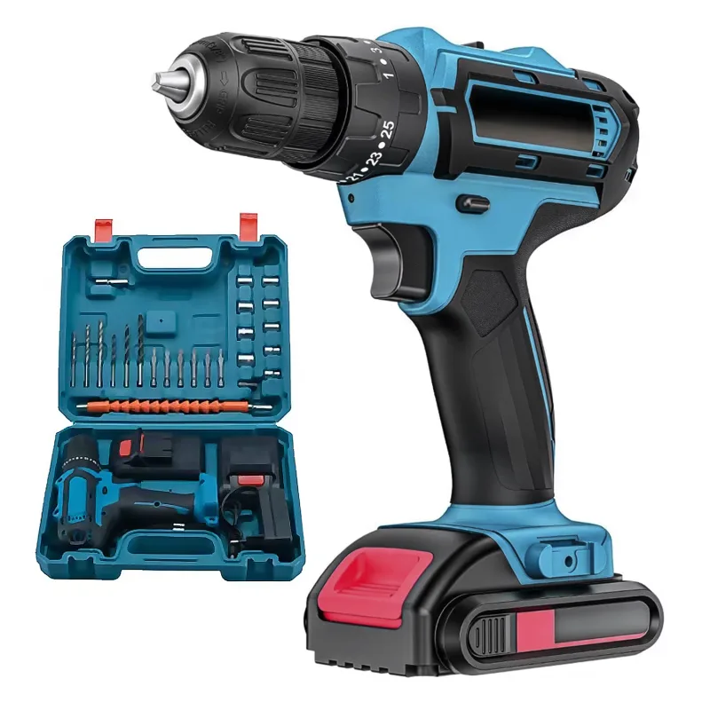 Destornillador eléctrico y taladro, con batería, juego de accesorios y maletín