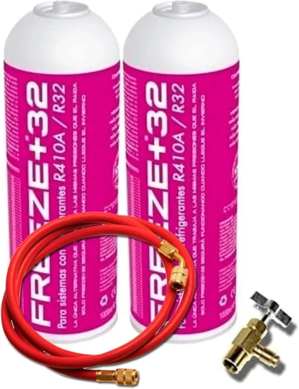 2 botellas 350gr + válvula sustituto r32, r410a. + manguera de carga - gas aire acondicionado coche, gas r32 para aire acondicionado.