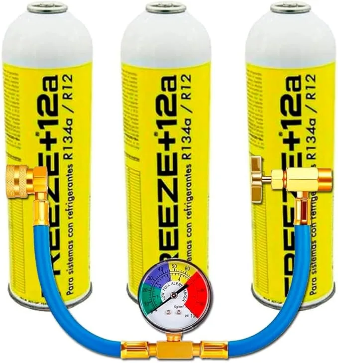 3 botellas gas refrigerante freeze organico +12a de 420gr sustituto r134a / r12 + manguera de carga con manómetro control de carga.