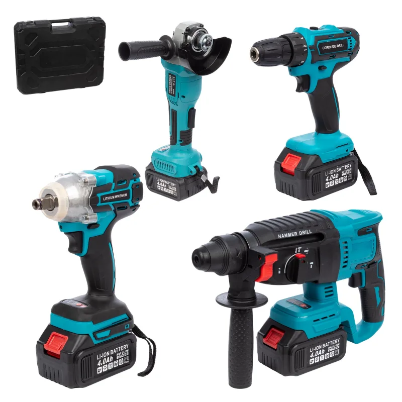 Set de 4 herramientas eléctricas, radial angular, martillo perforador, taladro y llave de impacto 21v. doble bateria 13000 mah