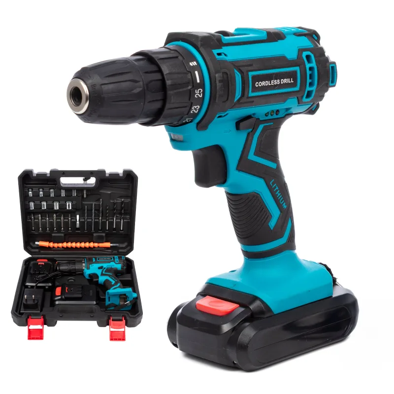 Taladro eléctrico inalámbrico 21v con doble velocidad, 40nm, maletín de transporte y 24 accesorios. 2 baterías de 6500 mah.