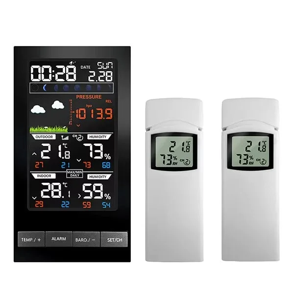 Termómetro digital inalámbrico para exteriores con pantalla led, 2 sensores, termómetro con pronóstico del tiempo para interiores y exteriores