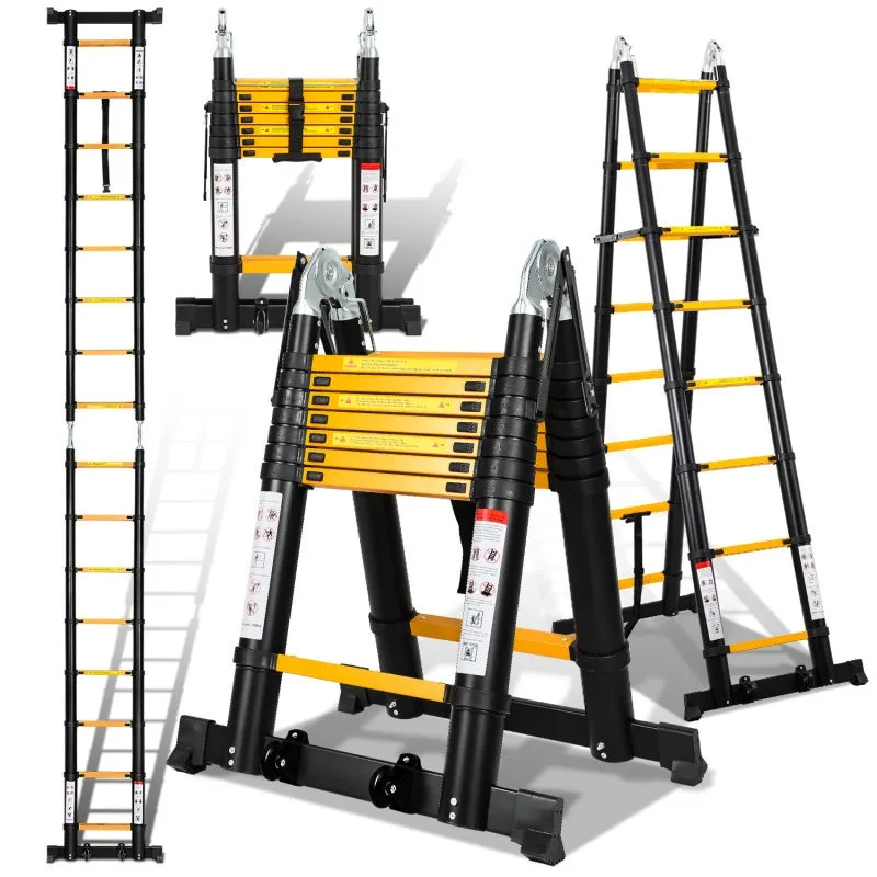 Escalera telescópica de aluminio plateado escalera plegable 2,5 m + 2,5 m extensibleescalera multiusos con capacidad para soportar hasta 150 kg