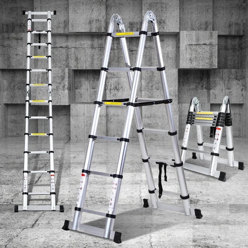 Escalera telescópica de aluminio plata 1,9 m + 1,9 m extensible escalera multiusos con capacidad para 150 kg