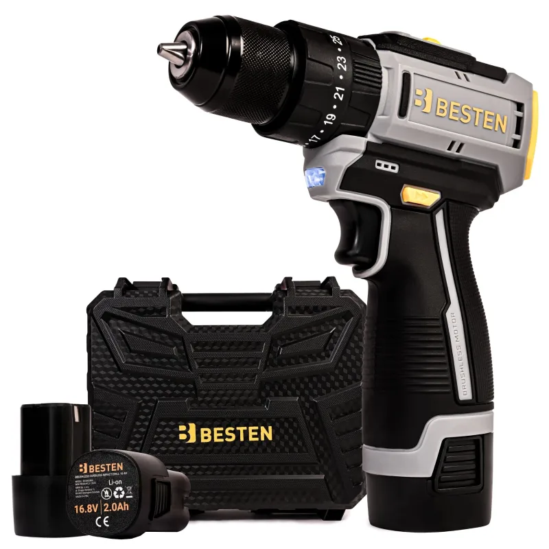 Taladro atornillador 16,8v 50 nm con 2 baterías brushless con percusión besten be-2886, 70 accesorios