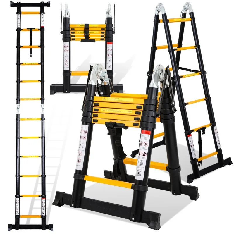 Escalera telescópica de 1,9 m + 1,9 m, negra escalera telescópica de aluminio, escalera plegable, carga máxima 150 kg
