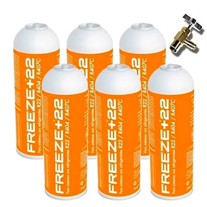 6 botellas gas ecologico refrigerante freeze +22 400gr + valvula organico sustituto r22, r404, r407c