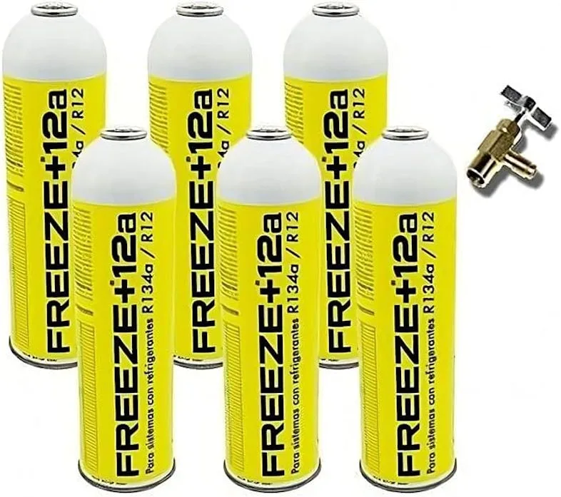 6 botellas gas ecologico refrigerante freeze organico +12 420gr + valvula sustituto r12, r134a
