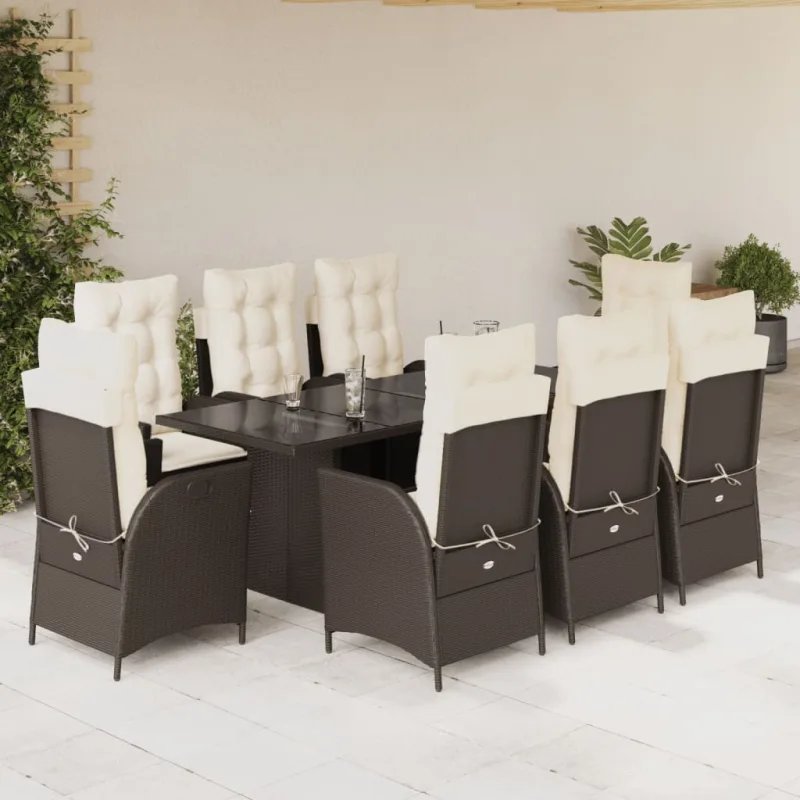 Set comedor para jardín 9 pzas y cojines ratán sintético marrón