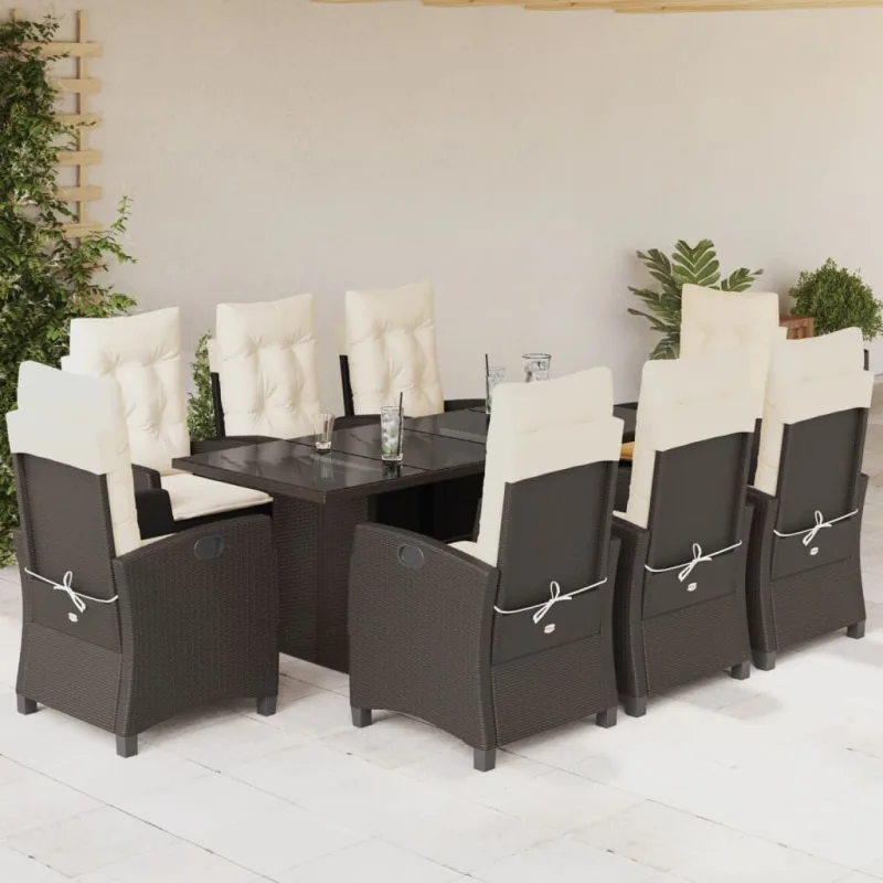 Set comedor para jardín 9 pzas y cojines ratán sintético marrón