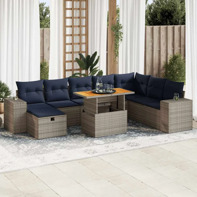 Set sofás jardín y cojines 9 pzas ratán sintético acacia gris