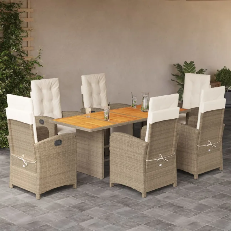 Set comedor de jardín 7 pzas con cojines ratán sintético beige