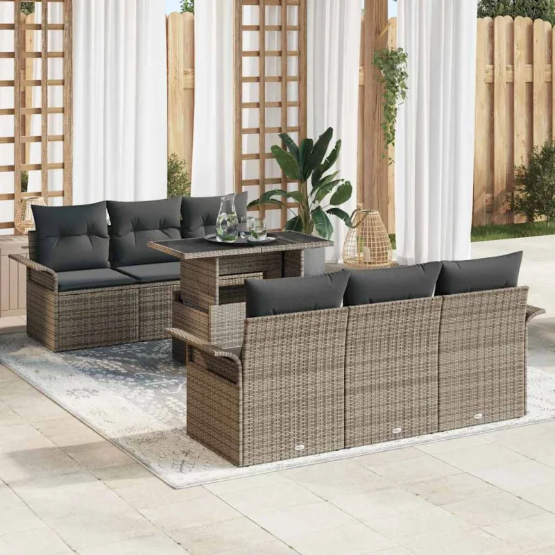 Conjunto de sofá de jardín 7 pcs gris rattan de poliéster
