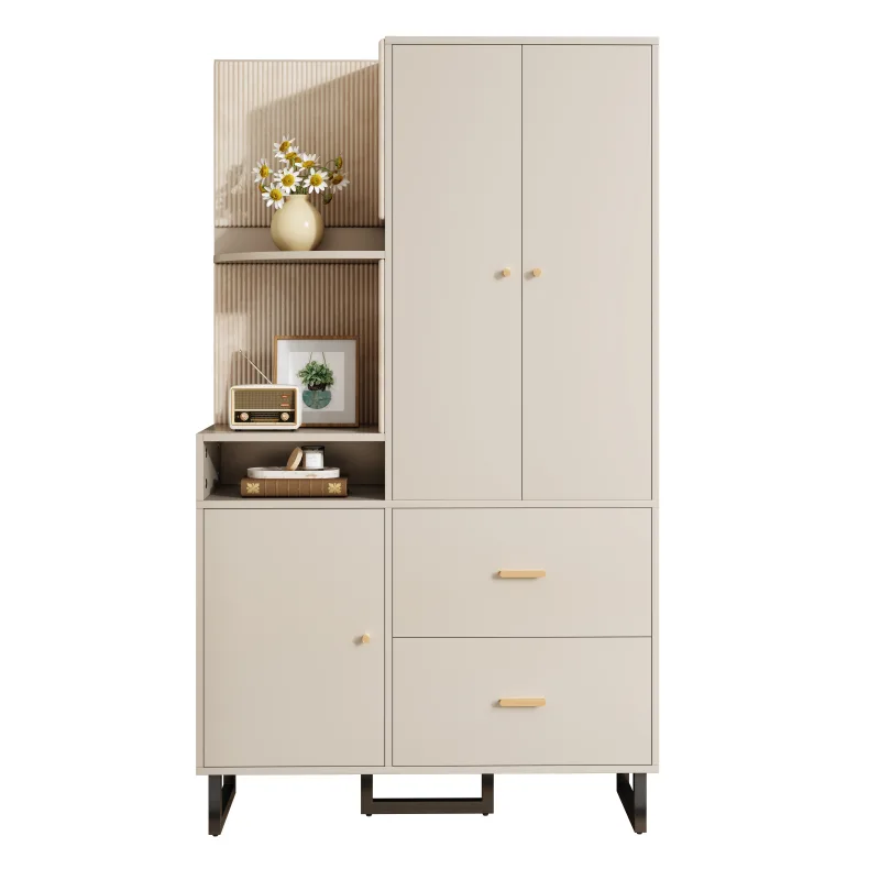 Armario con 3 puertas, 2 cajones y compartimentos abiertos - 110 x 38 x 186 cm - mdf - beige