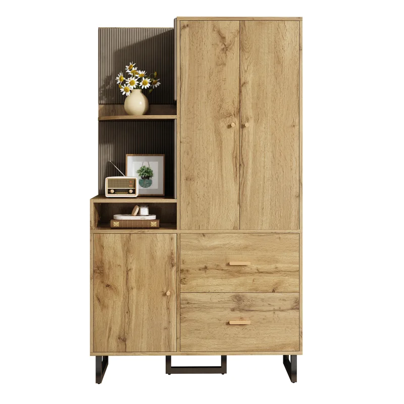 Armario con 3 puertas, 2 cajones y compartimentos abiertos - 110 x 38 x 186 cm - mdf - natural