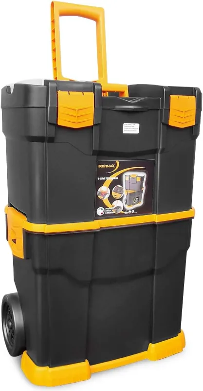Caja de herramientas 3 en 1, taller móvil con 2 cajones de taller, carro apilable con asa, ruedas, cierres, negro + amarillo, 46 × 28 × 66,5 cm