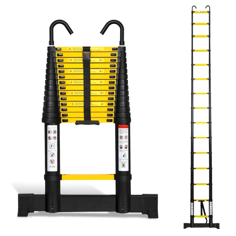 Escalera telescópica premium de aluminio negro de 4,4 m con estabilizador y ganchos desmontables, antideslizante y multifuncional.