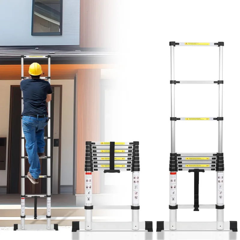 Escalera telescópica de aluminio prémium de 2,6 m con estabilizador, antideslizante y multifuncional