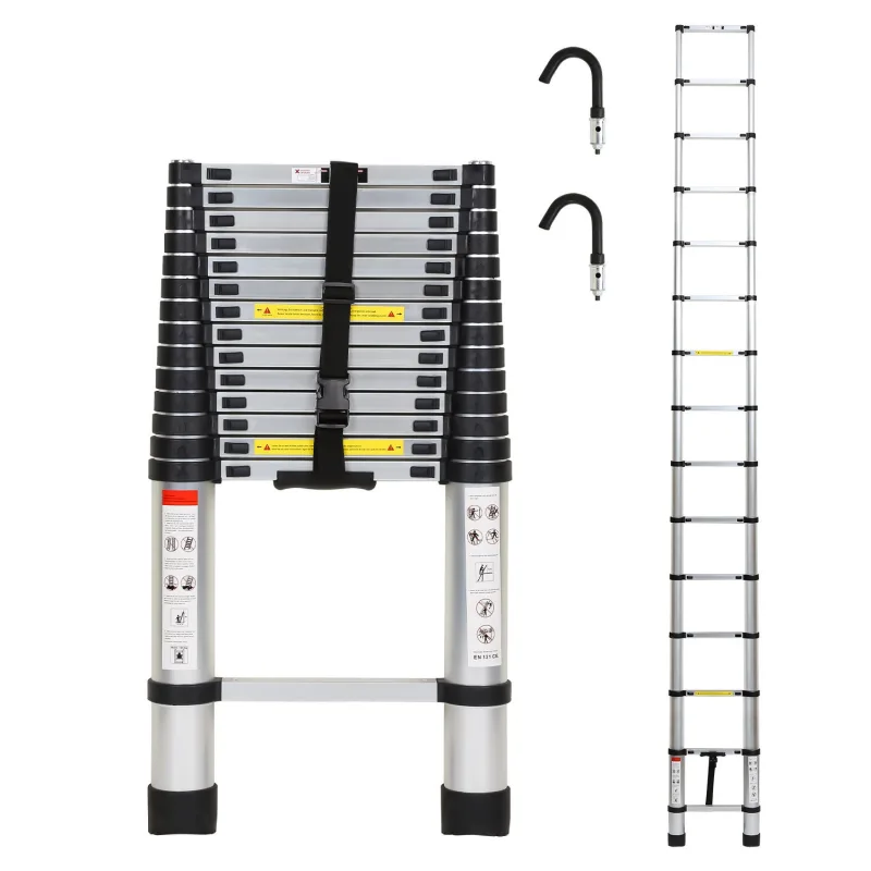 Escalera telescópica de aluminio plateado de 4,4 m, extensible con ganchos desmontables, plegable, multifuncional, para uso interior/exterior, 150 kg