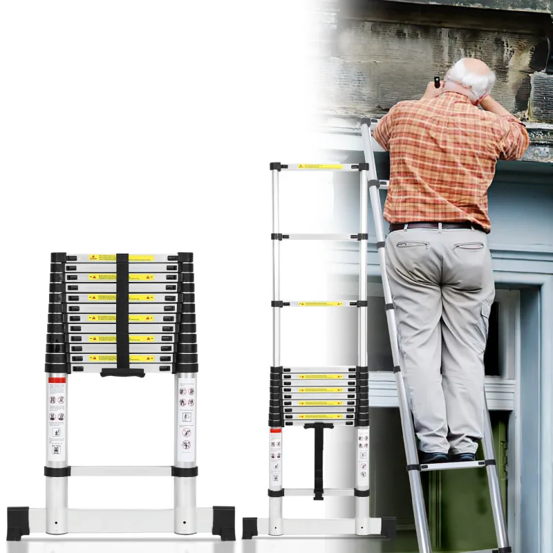 Escalera telescópica de aluminio prémium de 5 m con estabilizador, antideslizante y multifuncional