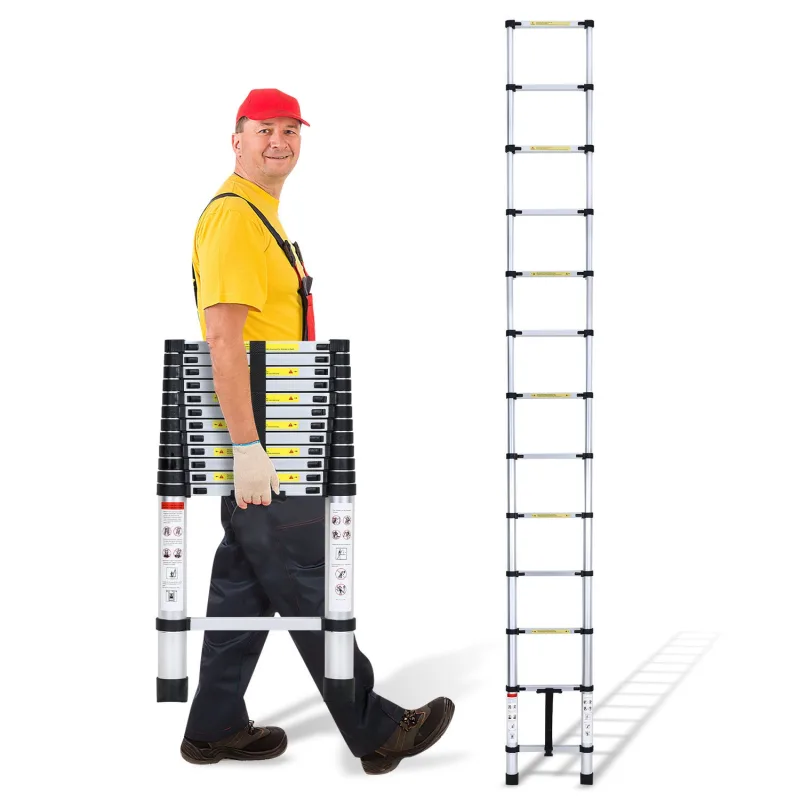 Escalera telescópica de aluminio prémium de 3,8 m, extensible y plegable, antideslizante, multifuncional