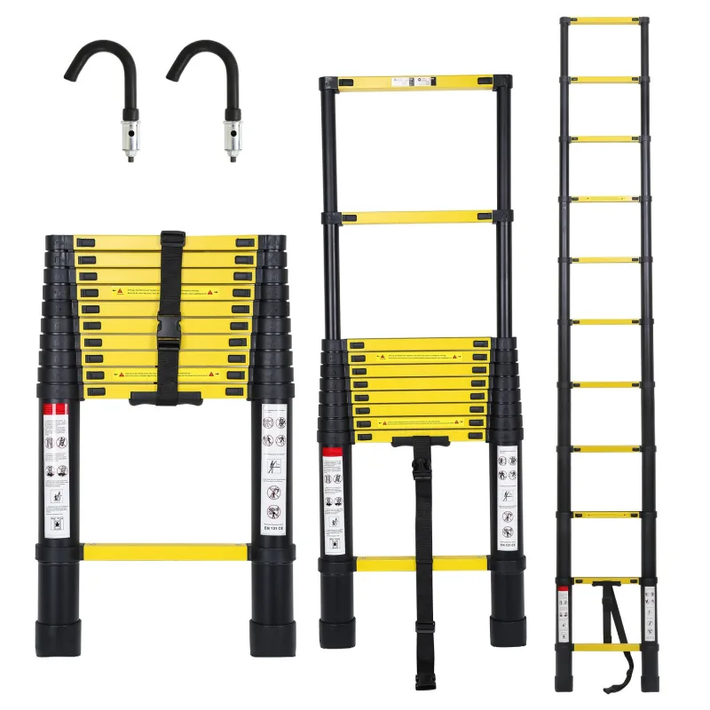 Escalera telescópica negra de 3,2 m con ganchos desmontables, multifuncional, 150 kg