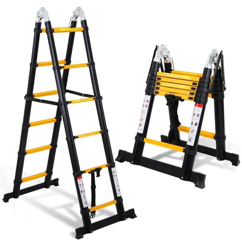 Escalera telescópica premium 3,8m negra, antideslizante, multifuncional