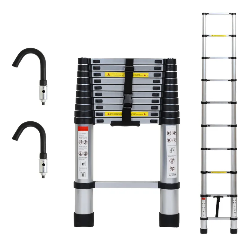 Escalera telescópica plateada de 3,2 m con ganchos extraíbles, multifuncional, 150 kg