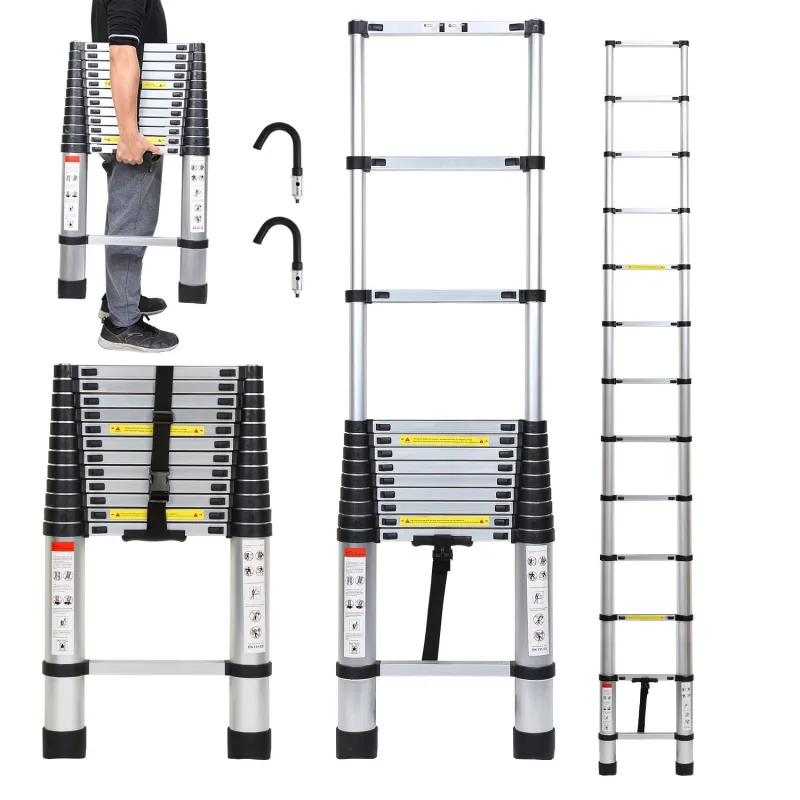 Escalera telescópica premium plateada de 3,8 m con ganchos, antideslizante