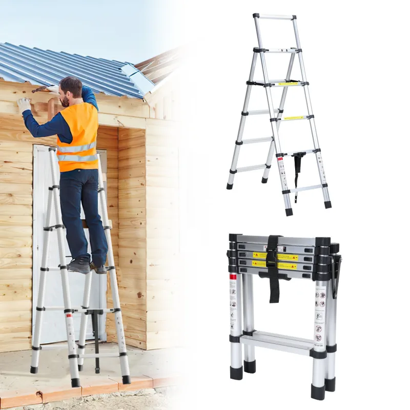 Escalera telescópica premium alu 1,7m color plata, extensible y plegable, antideslizante, multifuncional