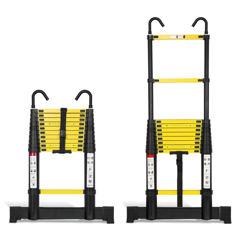 Escalera telescópica negra de 3,2 m con estabilizador y ganchos extraíbles, plegable, multifunción, para uso interior y exterior, 150 kg