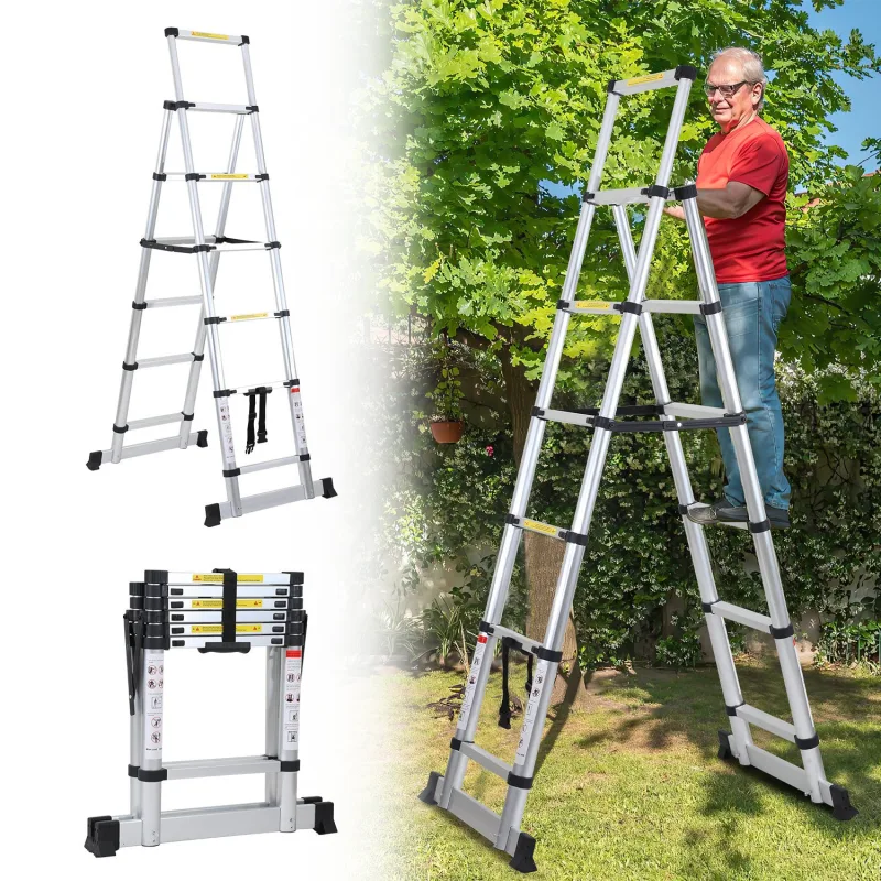 Escalera telescópica de aluminio premium de 2 m, color plateado, extensible y plegable, antideslizante, multifunción.